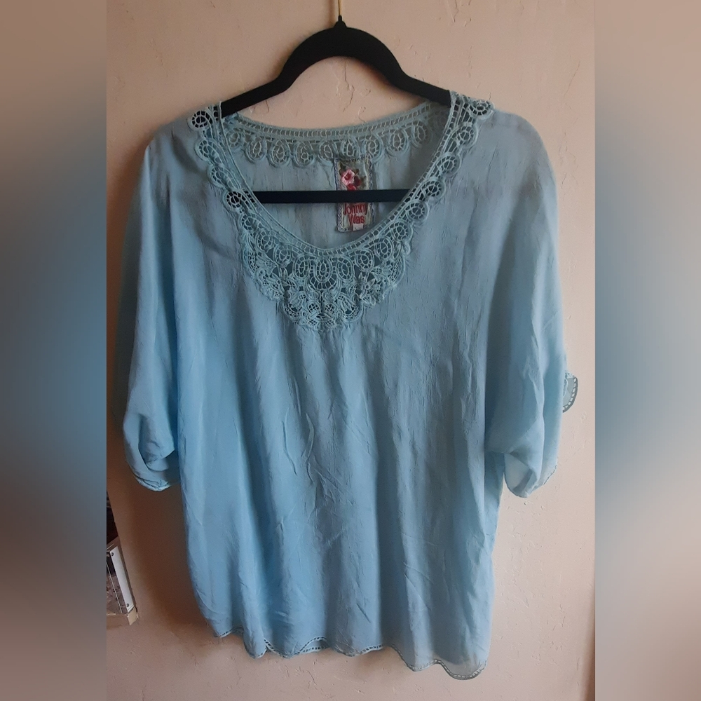 Johnny Was Seafoam Blue Lace Trim Women's Top